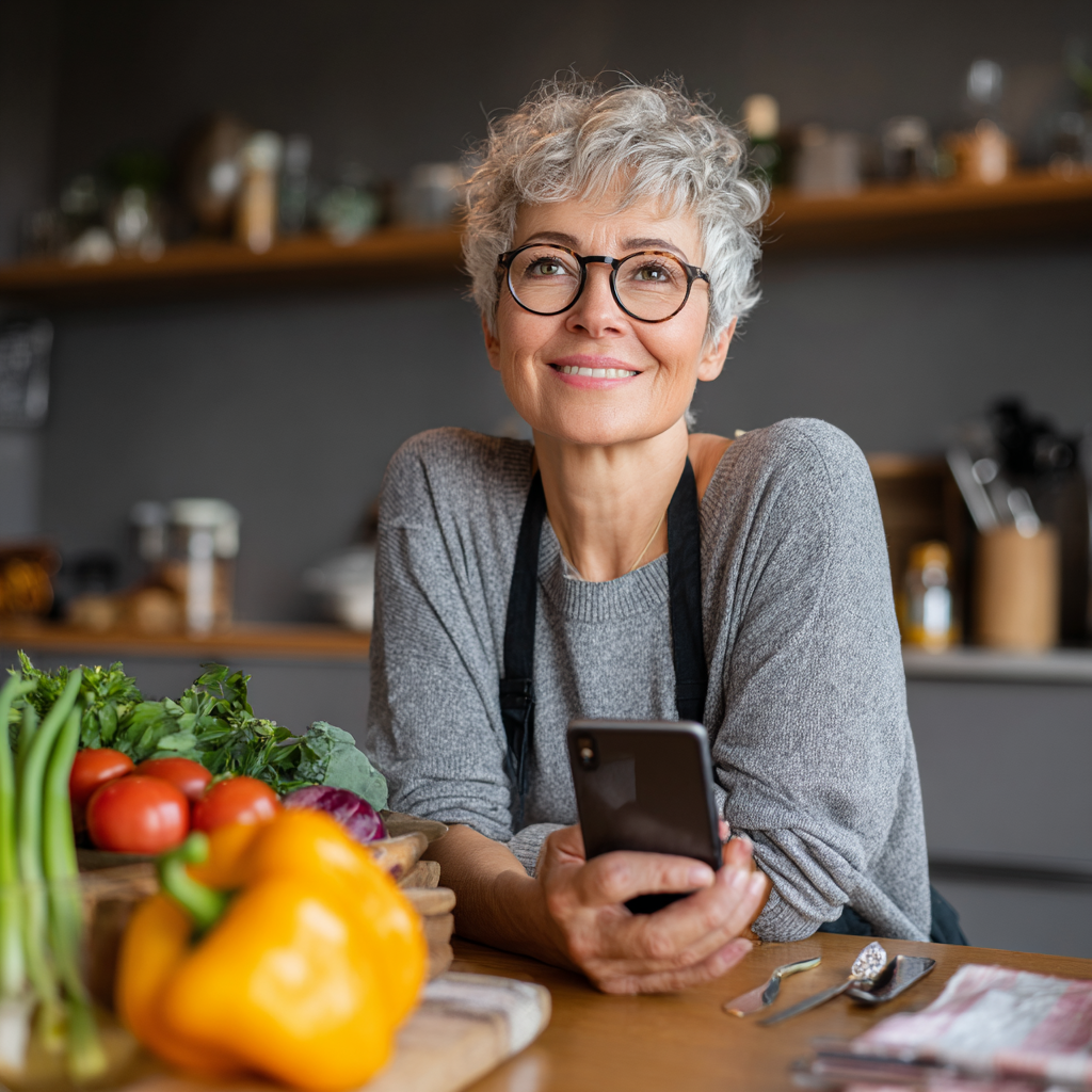 Жінка віком 56 років сидить за столом з корисною їжею, посміхається, тримає смартфон з додатком планування харчування