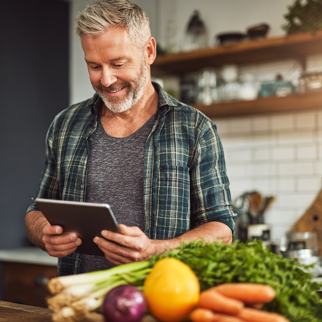 Чоловік віком 52 роки дивиться на планшет з планом харчування, на кухні, посміхається, поруч свіжі продукти