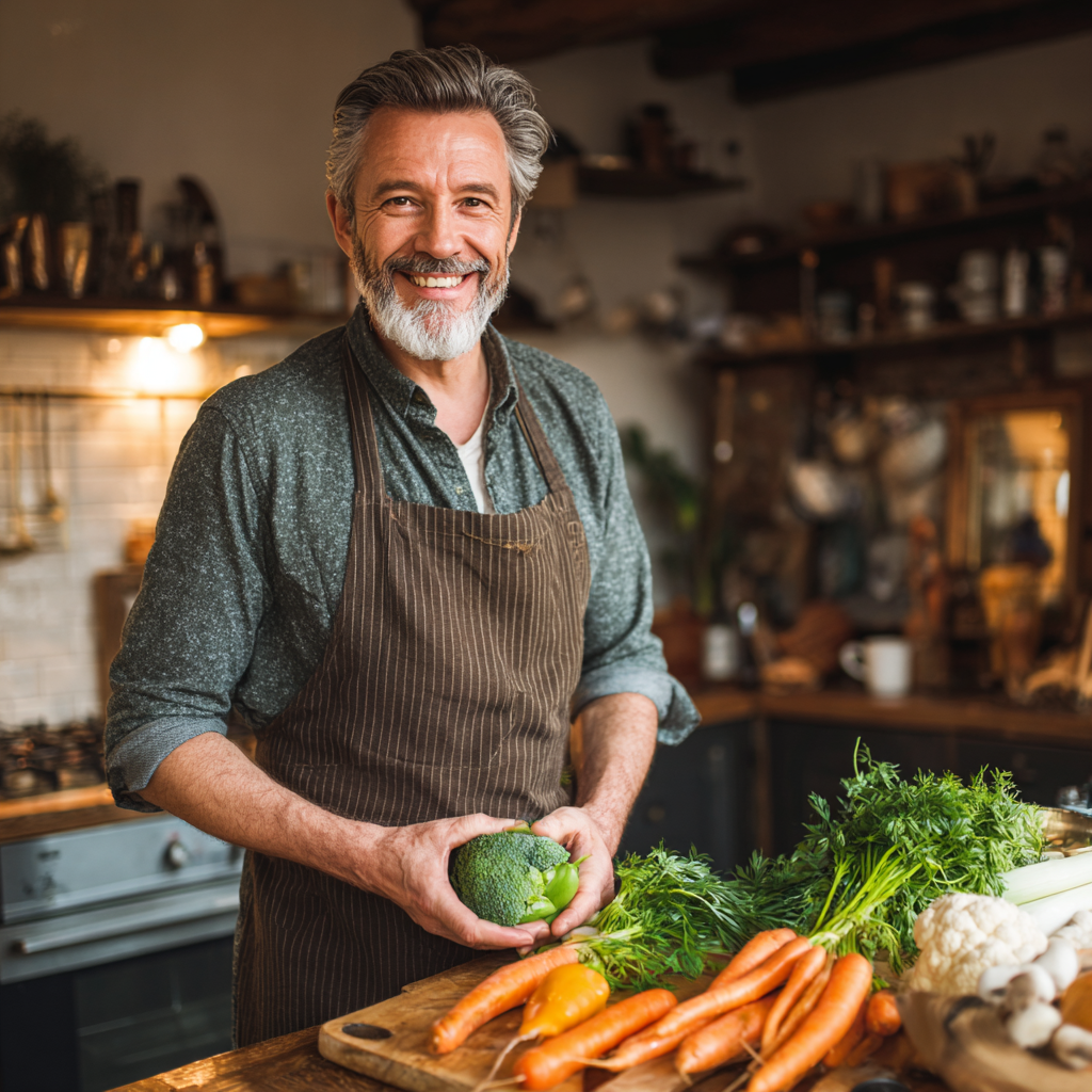 Чоловік віком 55 років готує здорову їжу на кухні, усміхається, тримає в руках свіжі овочі