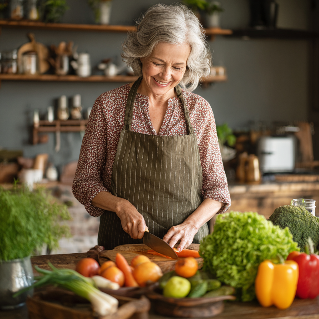 Жінка віком 58 років займається приготуванням здорової їжі, посміхається, на столі свіжі овочі та фрукти